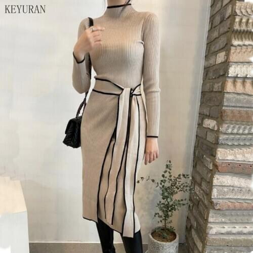 Woman Dress With Belt Vintage Patchwork Slim Knitted Midi Dresses Women Autumn Winter Elegant Sweater Knit Dress 2021 Vestidos
