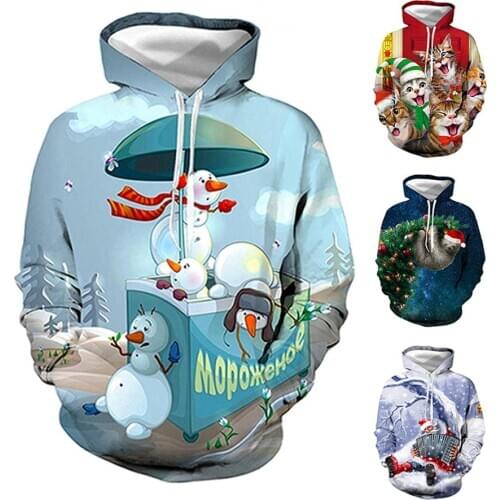 Winter Pullover Unisex Digital Print Christmas Santa Animal Long Sleeve Drawstring Loose Hoodie Funny Sweatshirts Casual Hoodies
