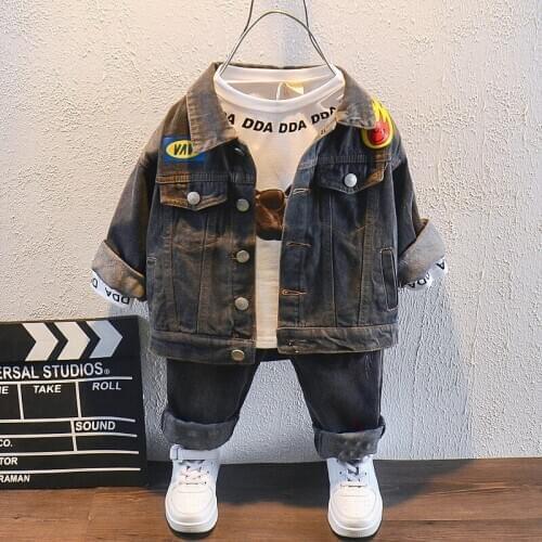 2 3 4 5 6 Years Boys Sets Casual Korean Denim Jacket Long Sleeves Shirt Ripped Jeans 3pcs Kids Tracksuit Toddler Child Suits