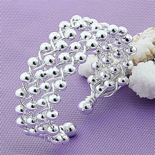 925 Sterling Silver Full Smooth Beads Adjustable Bangle Bracelet For Women Wedding Engagement Fashion Charm Party Jewelry Gift