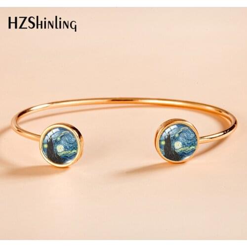 Van Gogh Paintings Starry Night Pattern Glass Cuff Bangle Bracelets Round Glass Dome Jewelry Adjustable Bangles Handmade Gifts
