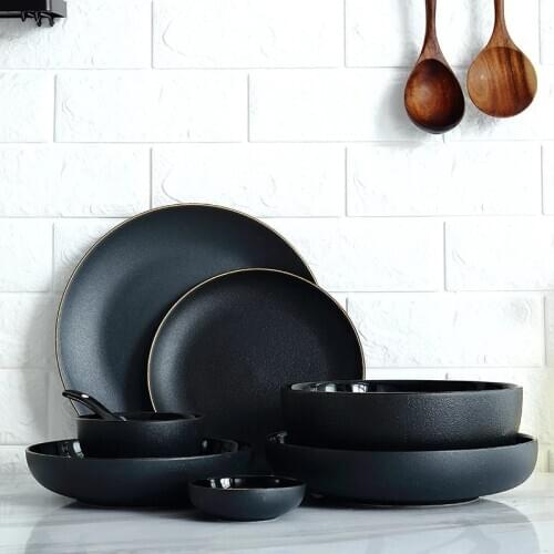 Black Golden Tableware Rim Ceramic Dinner Dish Plate Rice Salad Noodles Bowl Soup Matte Dinnerware Sets Kitchen Tool