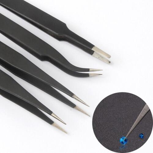 Black Excellent Quality Tweezers Bend+Straight Stainless Steel Industrial Anti-static Cross Tweezers Sewing Accessories Tools