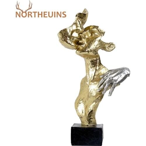NORTHEUINS 30.5cm Resin Golden Abstract Couple Statues Retro Kissing Lover Figurines For Interior Valentines Day Birthday Gift