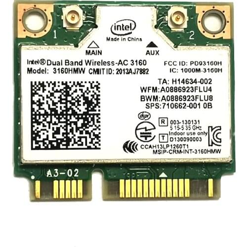 Mini PCI-e Wifi laptop card Dual Band 2.4ghz 5Ghz For Intel 3160 3160HMW 802.11ac Wireless AC + Bluetooth 4.0 SPS 710662-001