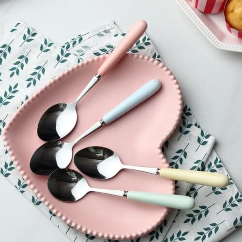 2 PCS Candy color ceramic stainless steel spoon creative simple solid color household environmental protection coffee spoon