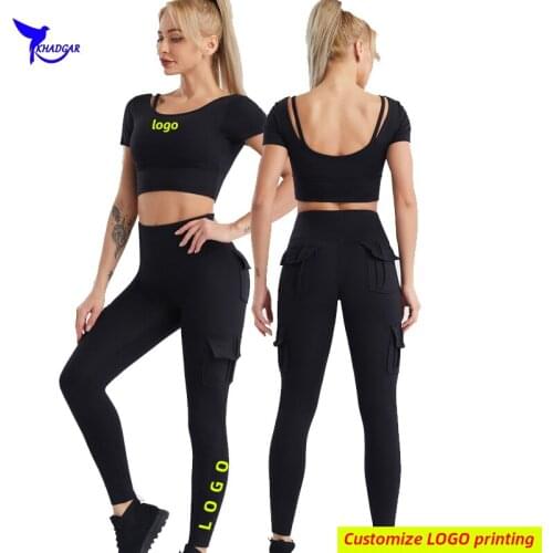 Custom LOGO Build In Bra Crop Top+Tights 2 Pcs Sport Suit Women Quick Dry Stretch Yoga Set 2021 Gym Fitness Running Sportswear
