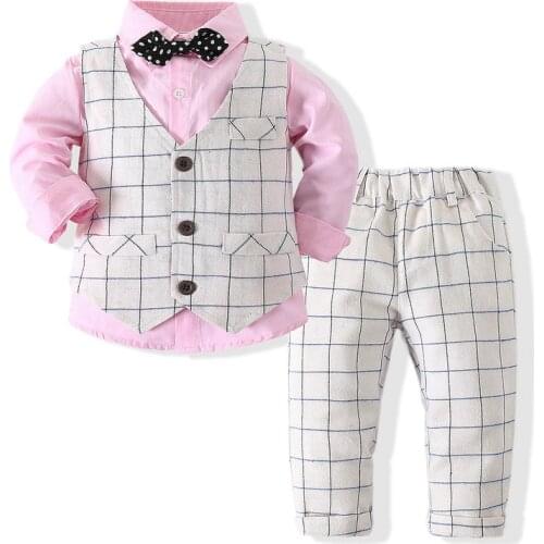 Kimocat Baby Boy Clothes Autumn Suit Gentleman Plaid Vest + Long-Sleeved Shirt + Bow Tie + Trousers Boys Birthday Dress 0-5Y
