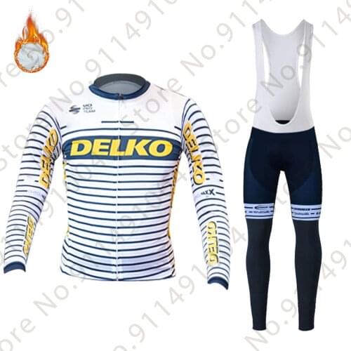 DELKO 2021 Pro Team Cycling Jersey Set Men‘s Winter Clothing Long Sleeve Fleece MTB Road Bicycle Bib pants Maillot Ciclismo Ropa