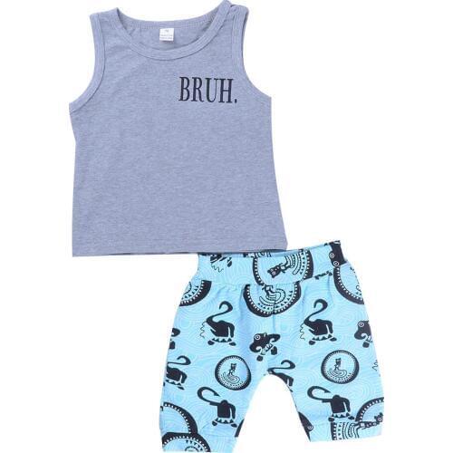 Infant Baby Clothing Sets Sleeveless Grey Bruh Tops+Cartoon Blue Print Shorts Bebe Clothes Suit Kids Toddler