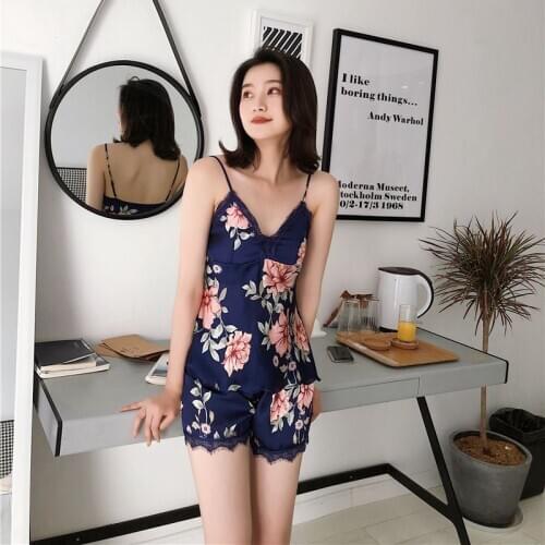 Summer sexy printed silk condole belt shorts ice silk pajamas two sets of sweet sexy lingerie korean pyjamas women -AL