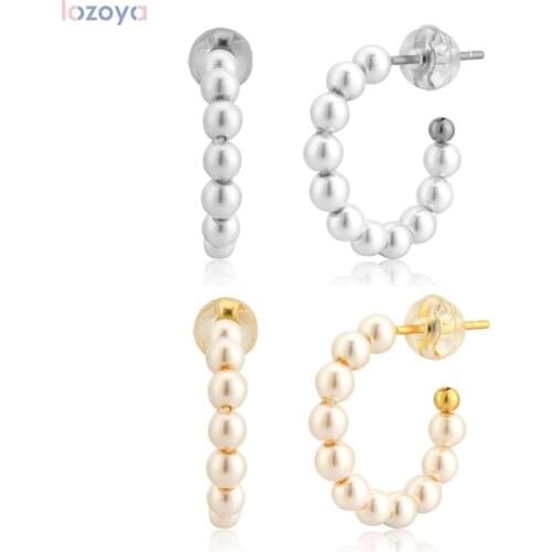 LOZOYA 925 Sterling Silver Gold Crystal Fashion Pearl Beads Hoops Women Luxury Fine jewelry 2020 Piercing Loops Pendiente