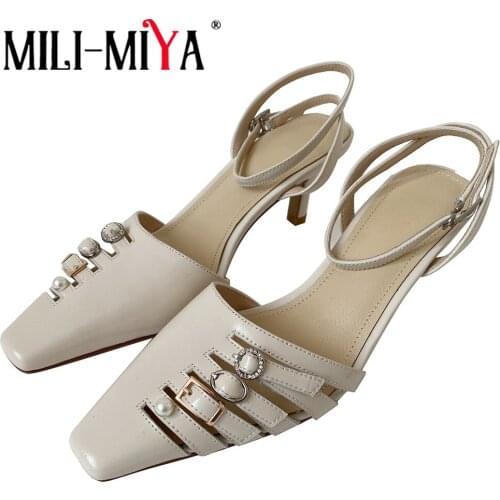 MILI-MIYA Woman Pearl Studded Buckle Cutout Summer Slingback Sandals Top Quality Thin High Heels Closed Toe Party Dress Shoes