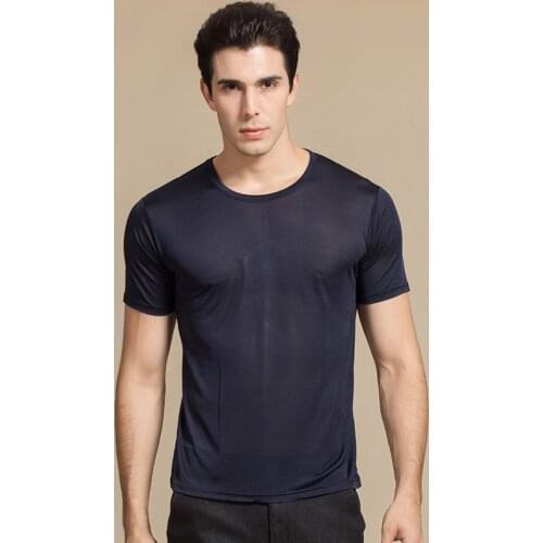 Mens 100% Real Silk Casual T-Shirts Tee Short Sleeve Crew Neck Sleepwear plus size 3XL 3074