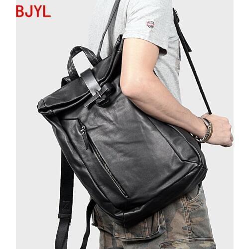 Mens Backpack Soft Leather Shoulder Bag Laptop Bags Travel Backpacks Black Cowhide Leather Luxury Retro Large Capacity Business