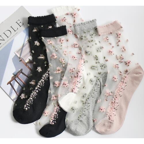 5 Pairs/Lot Summer Women Plant Flowers Sweet Crystal Cotton Anti-skid Transparent Thin Socks Femme Meia Ultra Cool Mesh Sexy Bas