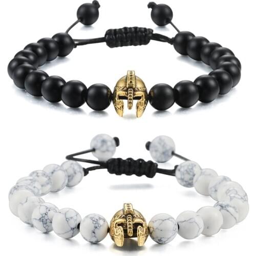 Charm Men Bracelet Spartan Helmet Natural Stone Onyx Beads Handmade Braided Bracelets Bangles Adjustable Rope Homme Hand Jewelry