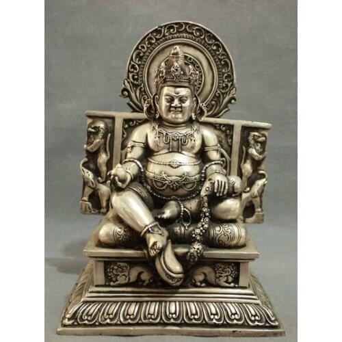 Wholesale factory 10" Tibet Buddhism Silver Lion Wealth Yellow Jambhala Mammon Buddha Seat Statue AE1024