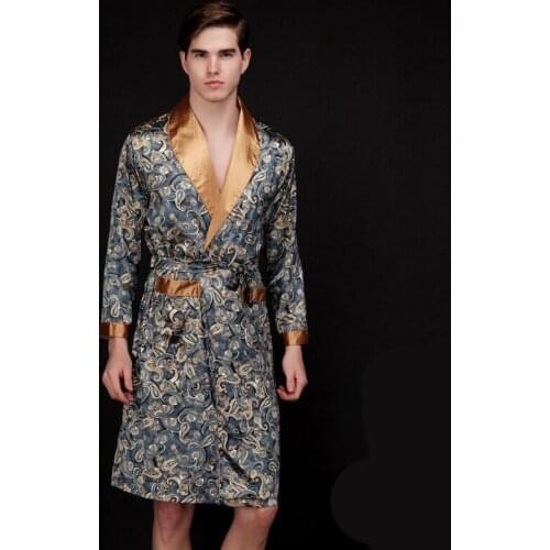 Spring Autumn New Fashion Printing Ice Silk Mid Length Mens Pajamas Bathrobe Male Long Sleeve Robe Kimono Home Clothes Sleepwear