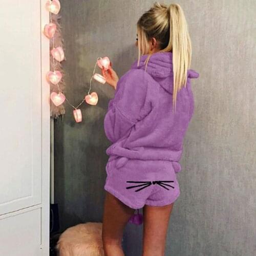 Cute Cat Pijamas Women Sets Solid Warm Winter Homewear Two Piece Pajamas Hoodie Sleepwear Loungewear pijama mujer invierno