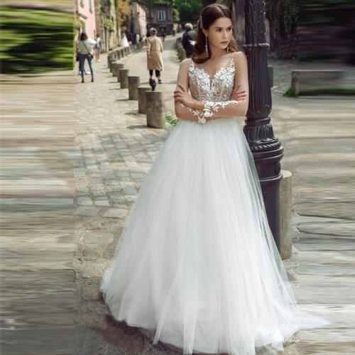 Sheer Neck Applique Lace Pearls Tulle Bridal Gowns A-line Boho Wedding Dress Long Sleeve Sweep Train Bride Dress