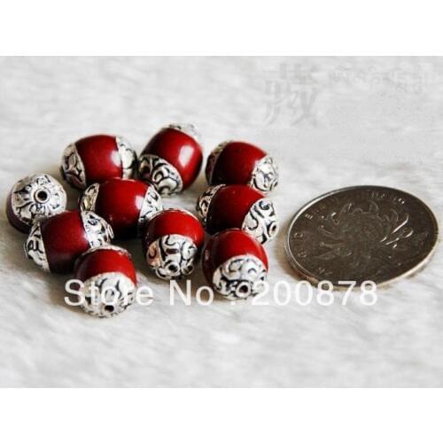 TSB0107 Tibetan silver capped red resin beads,10mm,Tibet Nepal Bracelet loose beads,10 beads lot