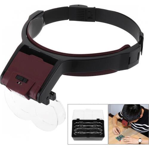 6X 10 Amplification Ratio Interchangeable Lens Headband Eyeglass Magnifier with LED Lights and 4 Lens for Reading Books