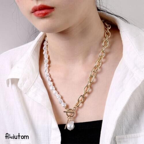 ALIUTOM Vintage Baroque Irregular Pearl Lock Chains Necklace 2021 Geometric Angel Pendant Love Necklaces for Women Punk Jewelry