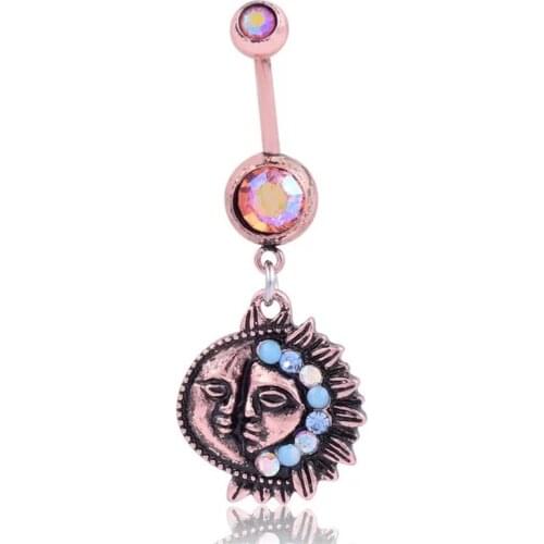 Punk Surgical Steel Moon Face Dangle navel rings Double Crystal Navel Tan Belly Button Ring Navel Piercing Fashion Body Jewelry