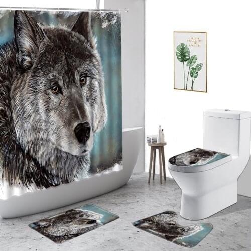 Wolf Shower Curtains Snow Tiger Leopard Bear Forest Wild Animals 3D Printed Bathroom 4-Piece Set Anti-Slip Carpet Bath Curtain