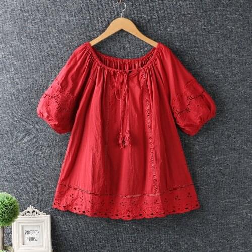 2019 summer new women fresh drawstring O-Neck hollow out embroidery shirt female loose casual short sleeve blouse tops