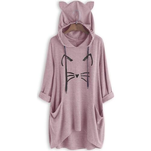 Slounchy Cute Cat Beard Print Hoodies for Women Home Pajamas Long Lady Pullover Sweatshirts Spring Autumn Winter Tops