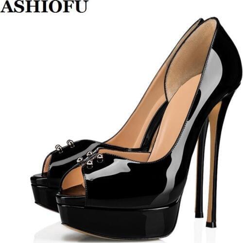 ASHIOFU New Hot Sale Womens Supper-heel Pumps D'orsay Peep-toe Party Prom Shoes Patent Leather Evening Fashion Pumps Court Shoe