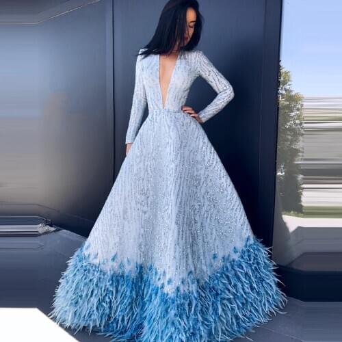 2020 Light Blue Beaded Long Dress A-line With Feathers Sexy Deep V-Neck Long Sleeves Women Sparkly Dress rochii de seara