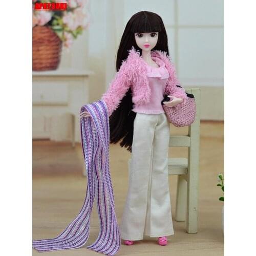 Winter Set Pink Sleeveless Tops Beige Long Pants Warm Coat Handbag Long Scarf + High Heel Shoes Outfits for Barbie Dolls Clothes