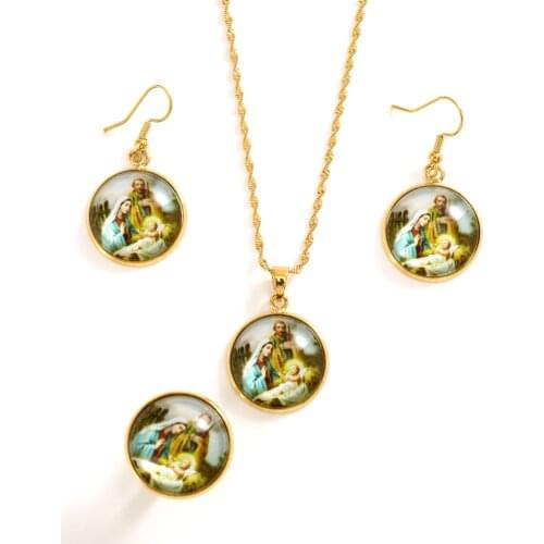 Gold Virgin Mary religions Jewelry Set Trendy Our Lady Women Men party czJewelry Cross Pendant earring Set for women girls gift