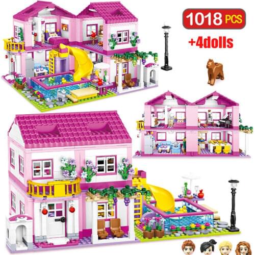 2021 NEW Girl Play house Happy Slide Water Park Building Blocks Kit Bricks Classic Sets Model Kids Toys