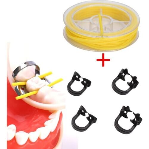 4pcs Dental Rubber Dam Clamp Clip and 2.1m Rubber Dam Stabilizing Cord Medium Wedges Clamps Sheets Elastic