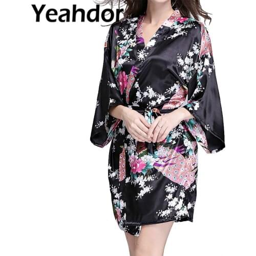 Women Half Sleeve Flower Printed Satin Cardigan Kimono Bathrobe Nightgown Sleepwear with Waistband Bridesmaid Wedding Robe Gown
