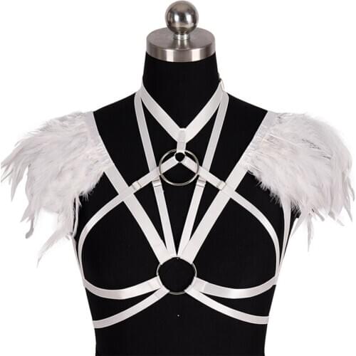 White Feather Epaulets Harness Cage Bra Victorian Real Natural Shoulder Wrap Cape Gothic Collar for Cosplay Costume Party Rave