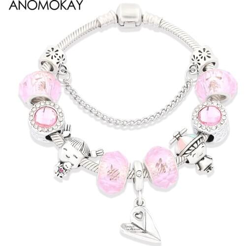 Dropshipping Romantic Pink Crystal Charm Bracelets DIY Heart Travel Plane Bracelet Cute Girl Boy Bead Bracelet for Women Girl