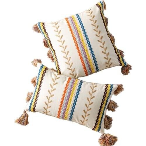 Moroccan style colored leaf stripe embroidered pillow case cushion cover with tassel