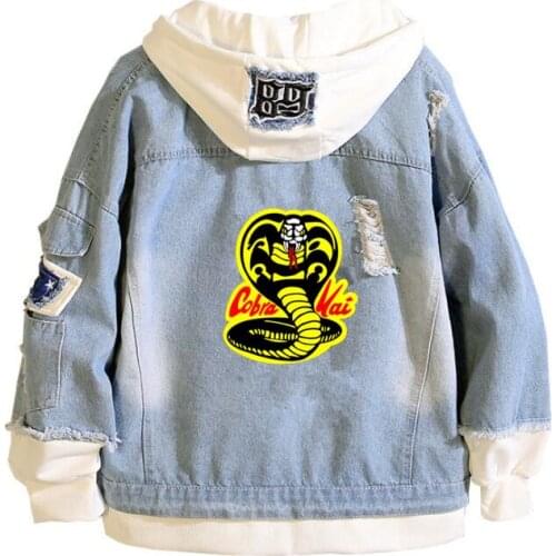 Mens 2019 New Cobra Kai the Karate Kid Saga printing Denim Jacket Casual Bomber coat Hip Hop Retro hoodie Jacket Streetwear