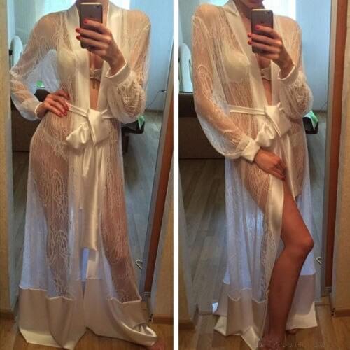 Exotic Costumes 2021 Sexy See-through Mesh Lace Up Long Sleeve Babydoll Lingerie Nightwear Robe Lace Kimono