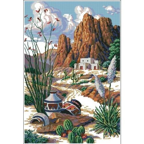 COTTON Counted Cross Stitch Kit Southwest Mesa Desert Mountain Pot Cactus Cacti dim 03801 3801