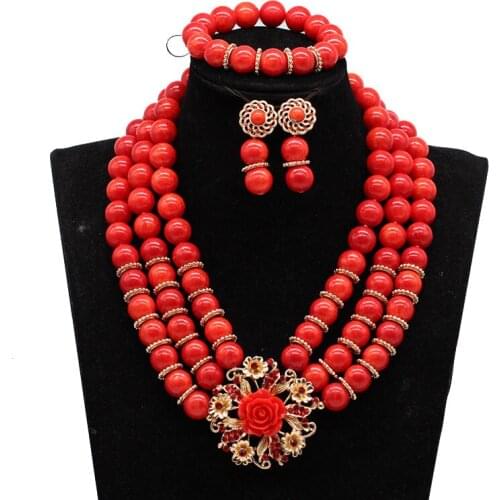 Amazing Red African Beaded Wedding Jewelry Sets for Women Handmade Chunky Statement Bridal Necklace Set Free Shipping HXO2403