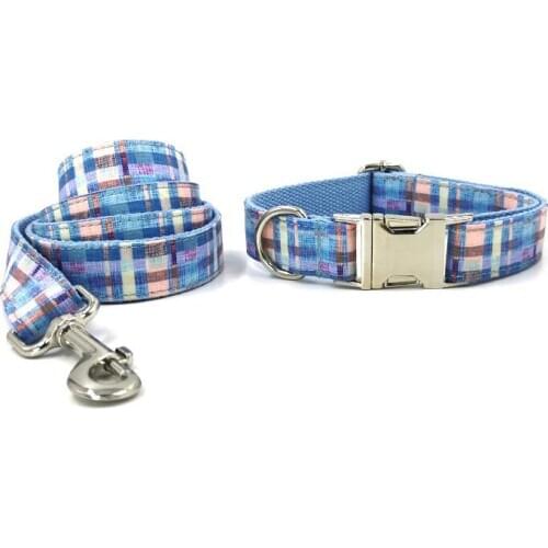 Quality Plaid Dog Collar Leash Suit Adjustable Printing Basics Pet Necklace For Medium Large Dogs Soft Personalize Pet Collars