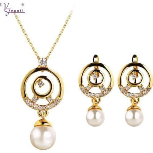 Kfvanfi Classic Alloy Rhinestones Earrings Necklace Set Round White Pearl Jewelry Set