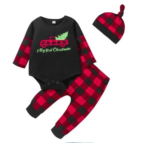 Infant Baby Boy Girl Costume My First Christmas Long Sleeve Bodysuit Romper+Plaid Pants+Hat 3pcs Clothes Set