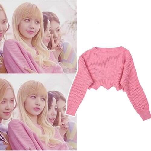 KPOP TWICE IU Streetwear Pink loose casual long-sleeved knit Pullover sweater women korean dance show sexy short O-neck sweaters
